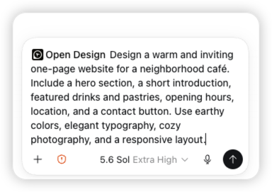 Um prompt real no Codex pedindo ao Open Design para criar o site acolhedor de um café de bairro