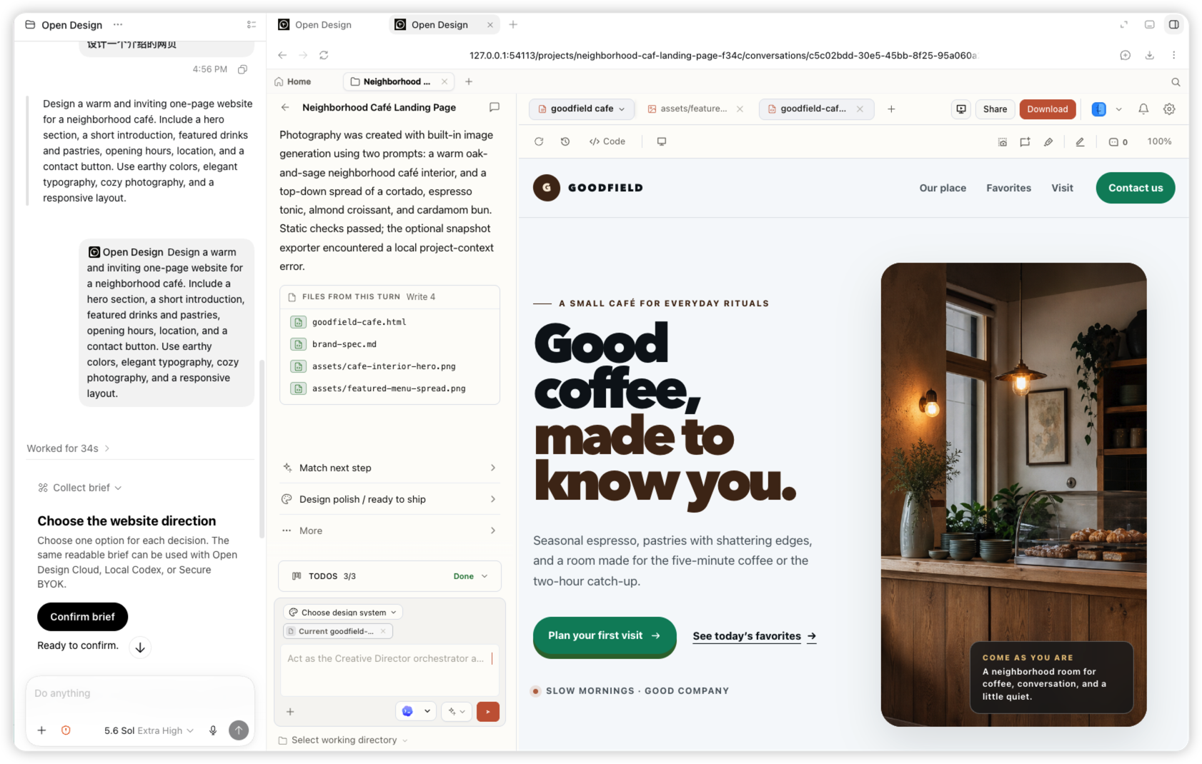 Landing page finalizada do café de bairro Goodfield, gerada pelo plugin Open Design no Codex