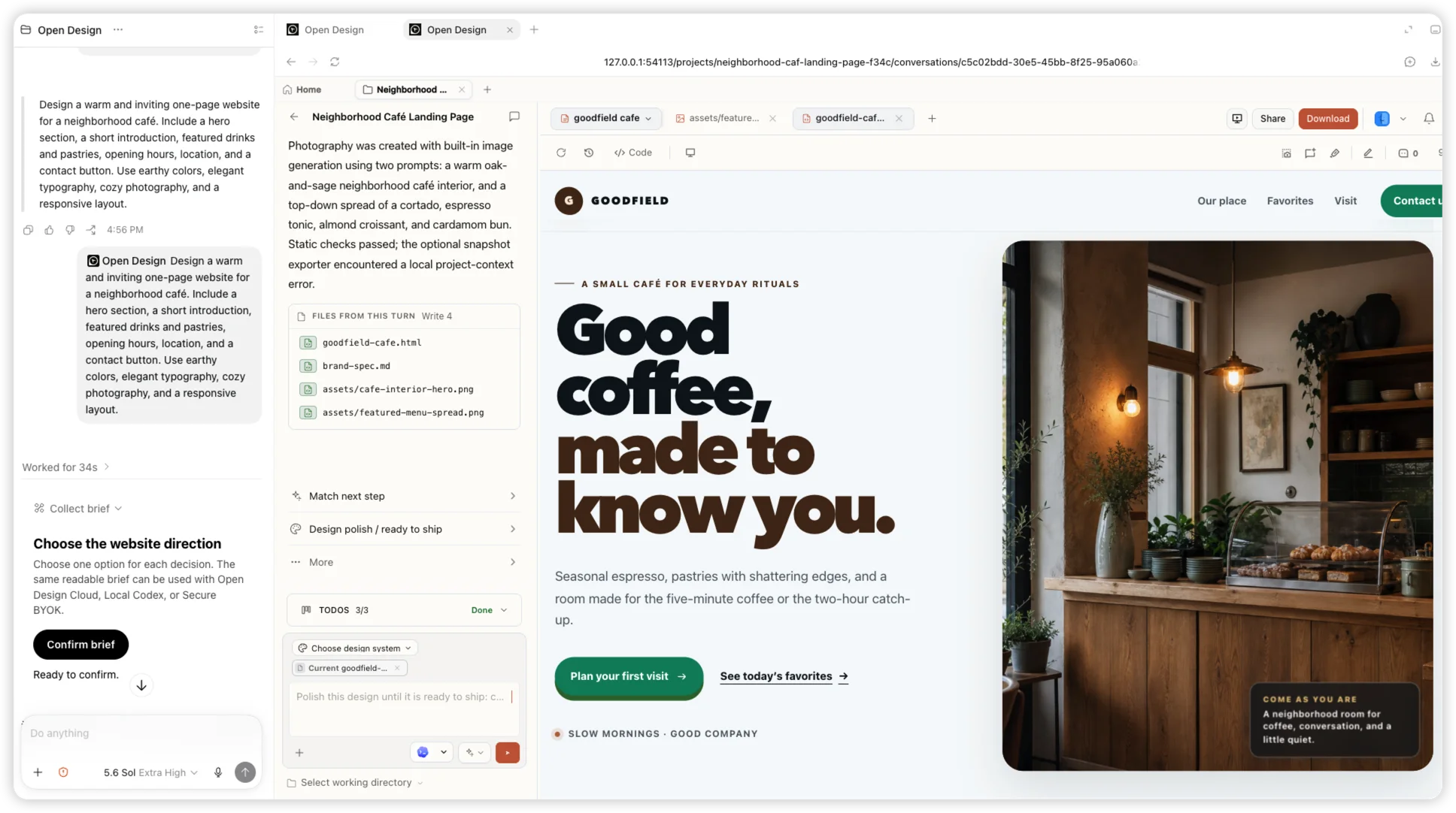 Uma tarefa real no Codex usando o plugin Open Design ao lado do site finalizado do café Goodfield