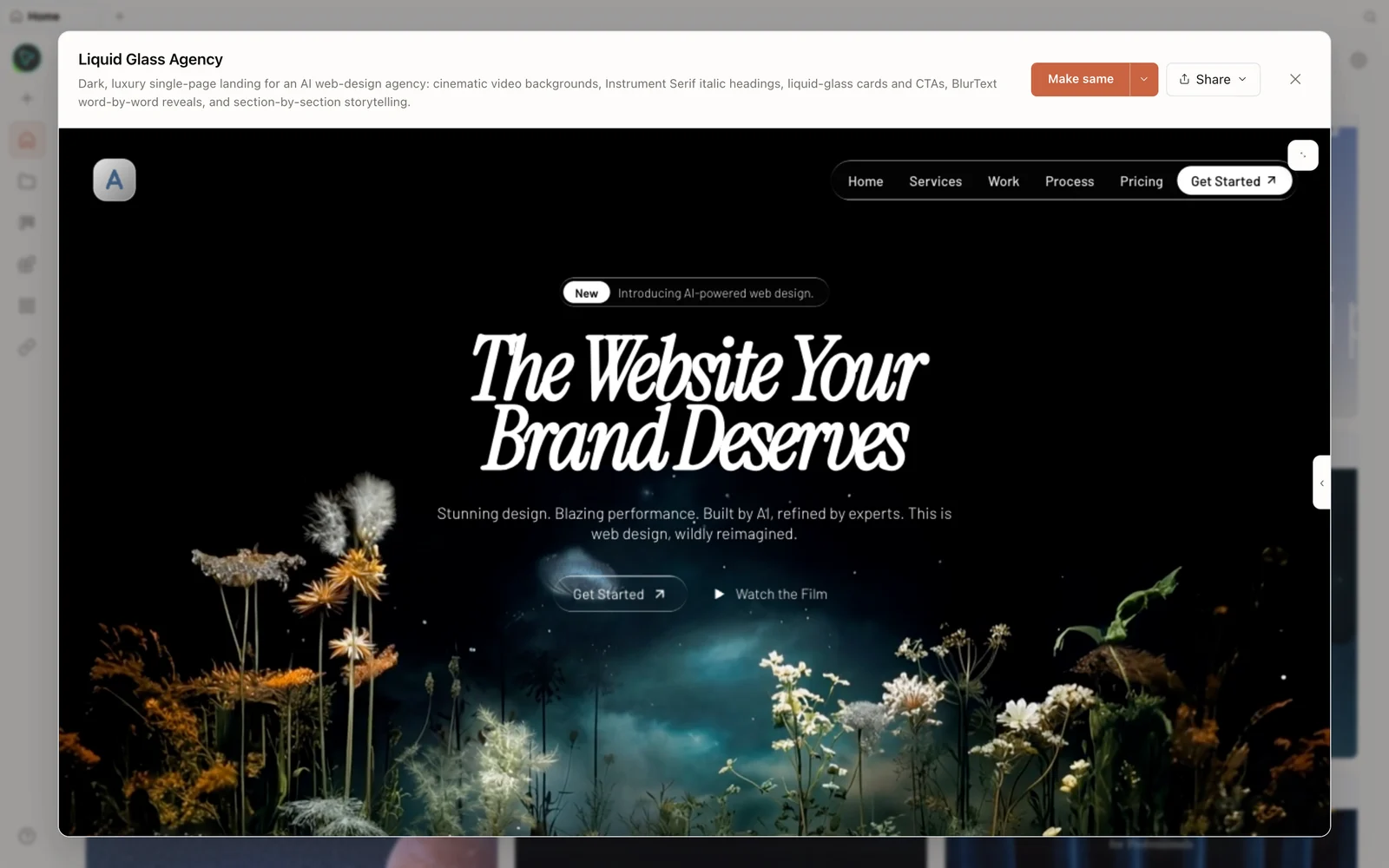 Uma landing page gerada, pré-visualizada no Open Design.